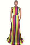 Dew Shoulder Open Fork V Neck Sexy Rainbow Printing Stripe Long Dress AMM8165