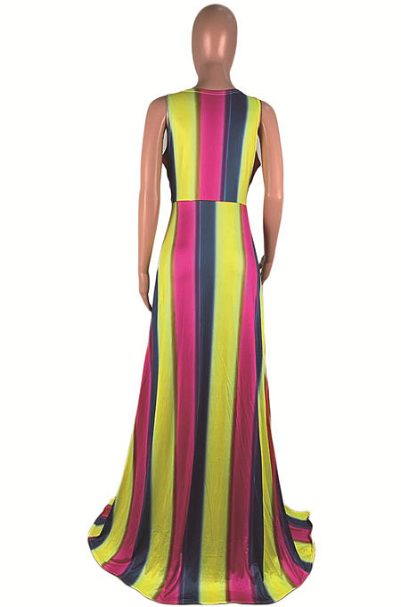 Dew Shoulder Open Fork V Neck Sexy Rainbow Printing Stripe Long Dress AMM8165