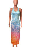 Moire Gradual Change Positioning Printing Sleeveless Long Dress NK230