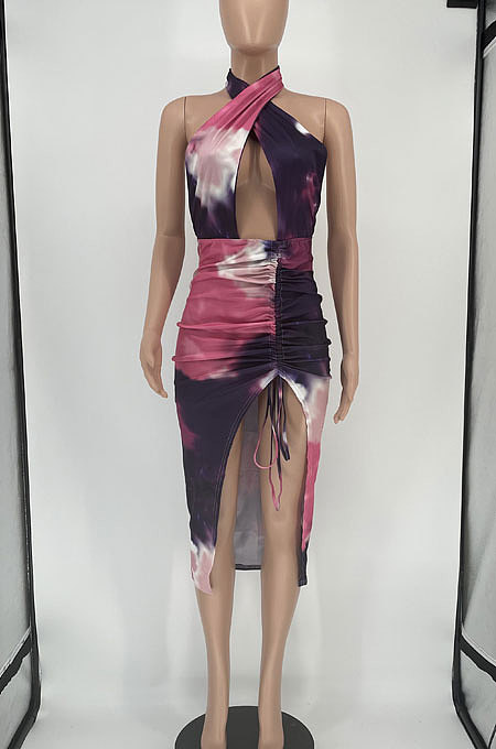 Printing Sexy Backless Cross Package buttocks Mini Dress NRS8048