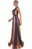 Dew Shoulder Open Fork V Neck Sexy Rainbow Printing Stripe Long Dress AMM8165
