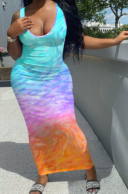Moire Gradual Change Positioning Printing Sleeveless Long Dress NK230