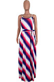 Casual Stripe Printing Gallus Long Dress（Contain Belt）AMM8163