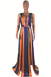 Dew Shoulder Open Fork V Neck Sexy Rainbow Printing Stripe Long Dress AMM8165
