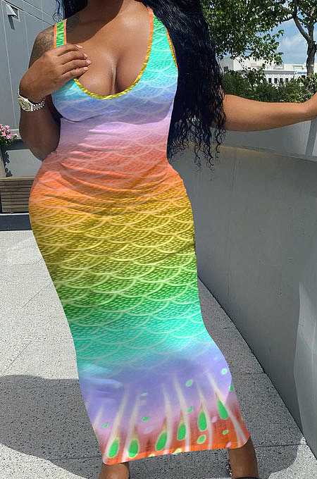 Fish Scales Gradual Change Positioning Printing Sleeveless Long Dress NK229
