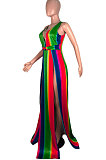 Dew Shoulder Open Fork V Neck Sexy Rainbow Printing Stripe Long Dress AMM8165