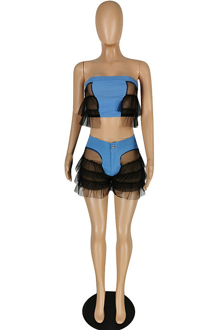 Women High Elastic Copy Cowboy Boob Tube Top Spliced Net Yarn Two-Piece YYZ535