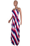 Casual Stripe Printing Gallus Long Dress（Contain Belt）AMM8163