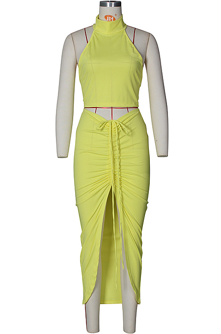 Summer Pure Color Round Neck Midriff Backless Top Drawsting Overskirt Suit ZS0383