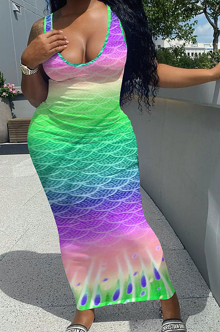 Fish Scales Gradual Change Positioning Printing Sleeveless Long Dress NK229