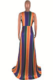 Dew Shoulder Open Fork V Neck Sexy Rainbow Printing Stripe Long Dress AMM8165