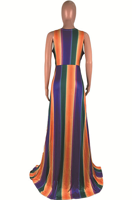 Dew Shoulder Open Fork V Neck Sexy Rainbow Printing Stripe Long Dress AMM8165