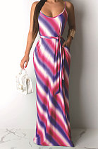 Casual Stripe Printing Gallus Long Dress（Contain Belt）AMM8163