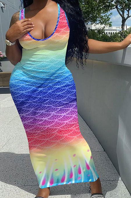 Fish Scales Gradual Change Positioning Printing Sleeveless Long Dress NK229