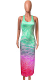 Moire Gradual Change Positioning Printing Sleeveless Long Dress NK230