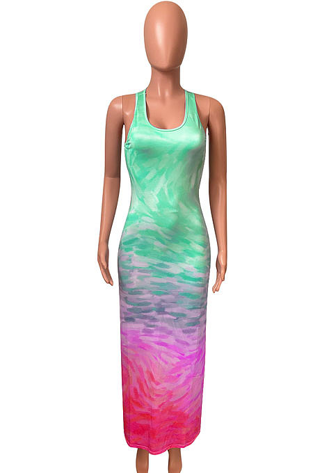 Moire Gradual Change Positioning Printing Sleeveless Long Dress NK230