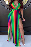 Dew Shoulder Open Fork V Neck Sexy Rainbow Printing Stripe Long Dress AMM8165