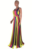 Dew Shoulder Open Fork V Neck Sexy Rainbow Printing Stripe Long Dress AMM8165