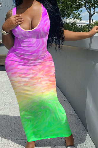 Moire Gradual Change Positioning Printing Sleeveless Long Dress NK230