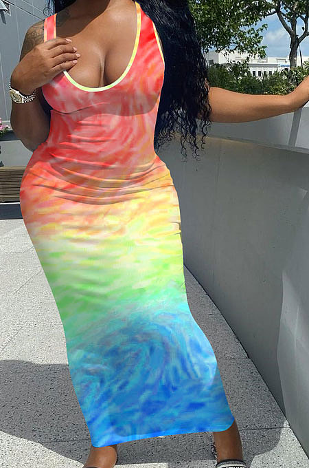 Moire Gradual Change Positioning Printing Sleeveless Long Dress NK230