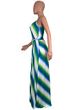 Casual Stripe Printing Gallus Long Dress（Contain Belt）AMM8163