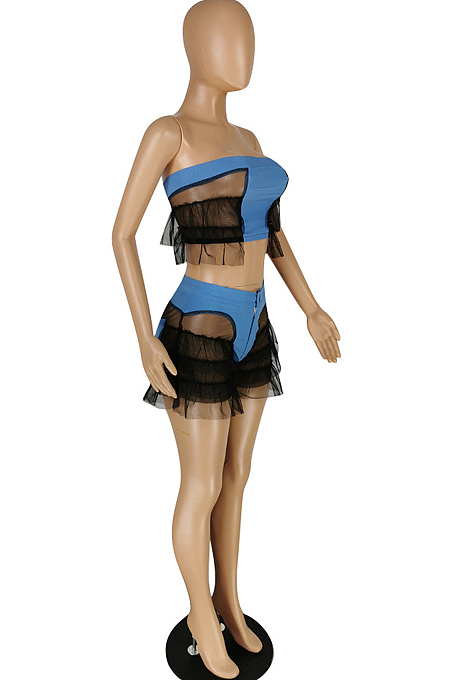 Women High Elastic Copy Cowboy Boob Tube Top Spliced Net Yarn Two-Piece YYZ535