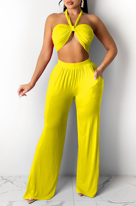 Summer Pure Color Hang A Neck Loose Long Pants Suit YYF8201