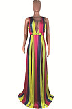 Dew Shoulder Open Fork V Neck Sexy Rainbow Printing Stripe Long Dress AMM8165