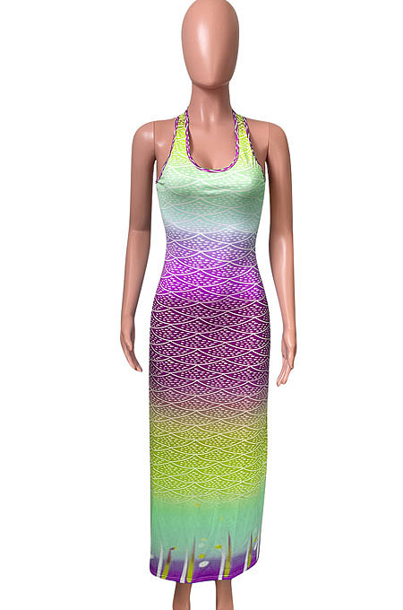 Fish Scales Gradual Change Positioning Printing Sleeveless Long Dress NK229