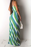 Casual Stripe Printing Gallus Long Dress（Contain Belt）AMM8163