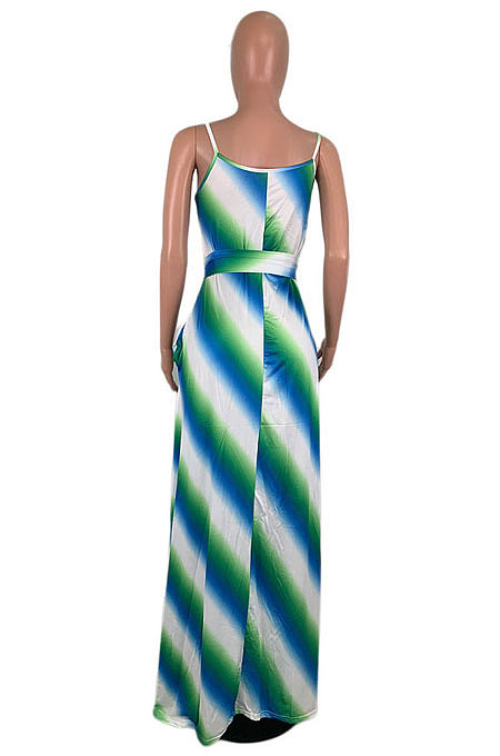 Casual Stripe Printing Gallus Long Dress（Contain Belt）AMM8163