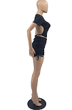 Fashion Blackless Shirred Detail Sleeve Short Shorts Sport Suit YYF8195