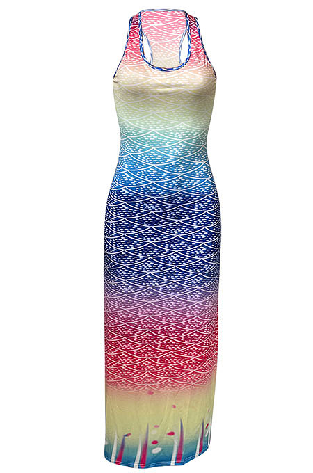 Fish Scales Gradual Change Positioning Printing Sleeveless Long Dress NK229