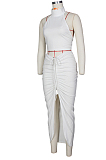Summer Pure Color Round Neck Midriff Backless Top Drawsting Overskirt Suit ZS0383