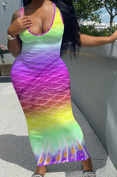 Fish Scales Gradual Change Positioning Printing Sleeveless Long Dress NK229