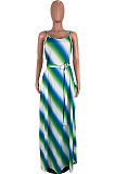 Casual Stripe Printing Gallus Long Dress（Contain Belt）AMM8163