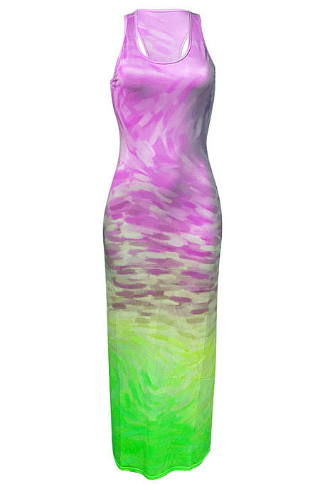 Moire Gradual Change Positioning Printing Sleeveless Long Dress NK230