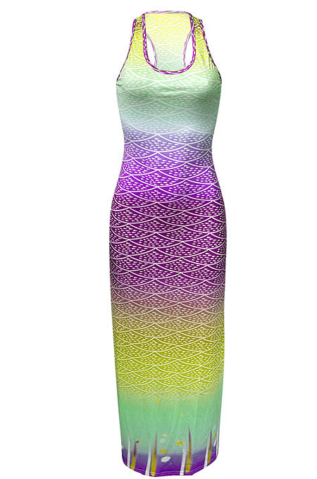 Fish Scales Gradual Change Positioning Printing Sleeveless Long Dress NK229
