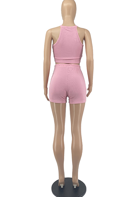 Shirrred Detail Vest Shorts Pure Color Stretch Two-Piece YYF8209