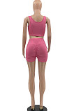 Pure Color Burnt Flower Vest Ruffle Tight Shorts Sport Casual Two-Pieces MLM9044
