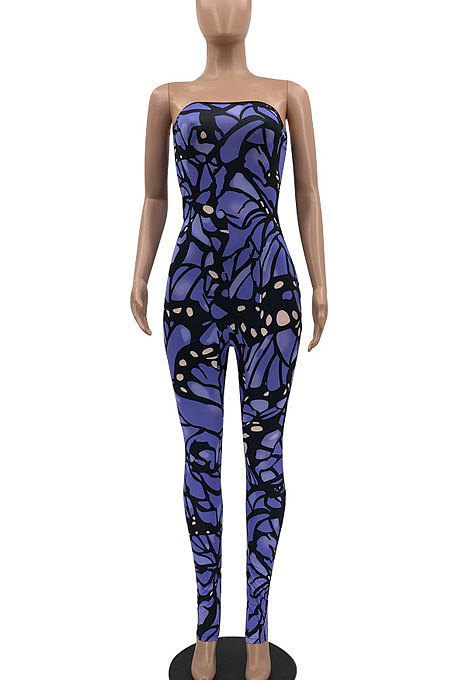 Sexy Temperament Boob Tube Top Off Shoulder Sleeveless Color Printing Bodycon Jumpsuits MLM9040