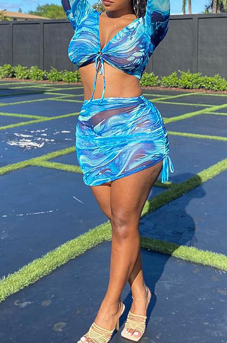 Summer Beach Net Yarn Print Cultivate One's Morality Sport Two-Piece F8348
