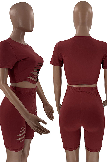 Pure Color Hurnt Flower Sport Casual Two-Piece LM1085