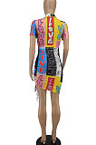 Casual Tight Short Sleeve Ruffle Knotted Strap Printing Trendy Mini Dress BLK2108