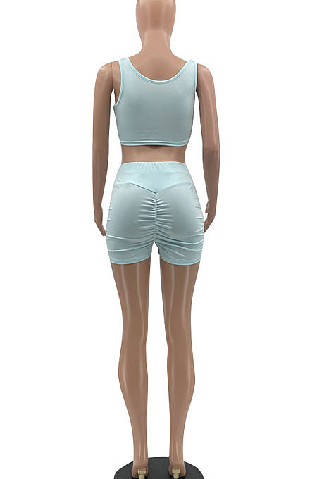 Pure Color Burnt Flower Vest Ruffle Tight Shorts Sport Casual Two-Pieces MLM9044