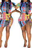 Casual Tight Short Sleeve Ruffle Knotted Strap Printing Trendy Mini Dress BLK2108