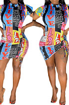 Casual Tight Short Sleeve Ruffle Knotted Strap Printing Trendy Mini Dress BLK2108