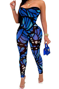 Sexy Temperament Boob Tube Top Off Shoulder Sleeveless Color Printing Bodycon Jumpsuits MLM9040