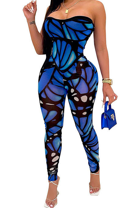 Sexy Temperament Boob Tube Top Off Shoulder Sleeveless Color Printing Bodycon Jumpsuits MLM9040