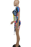 Casual Tight Short Sleeve Ruffle Knotted Strap Printing Trendy Mini Dress BLK2108